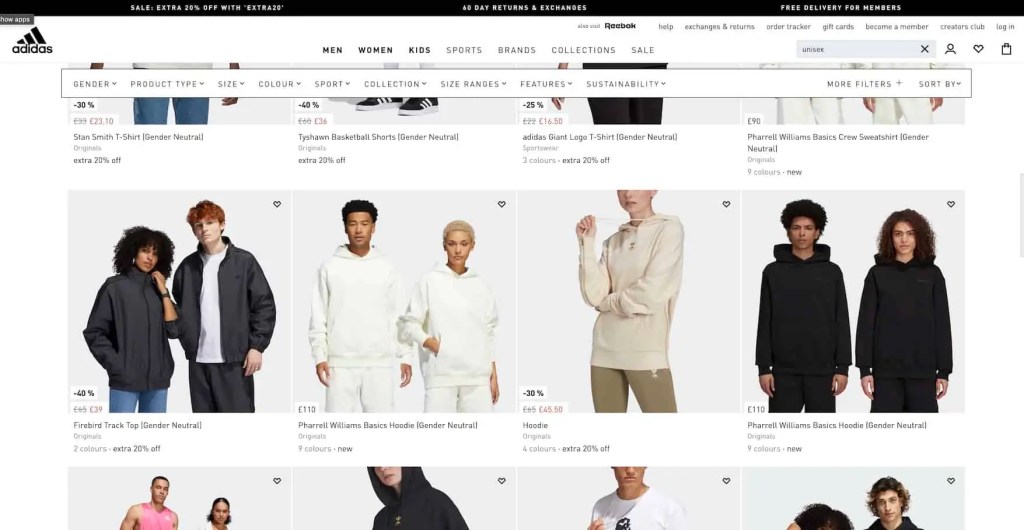  Screenshot of Adidas website showing diverse use of models in product shots
